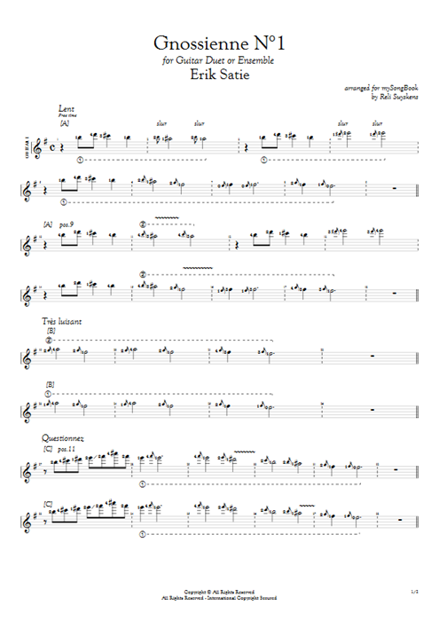 Gnossienne N°1 Erik Satie guitar pro tab AGuitarI Guitar Duet mysongbook